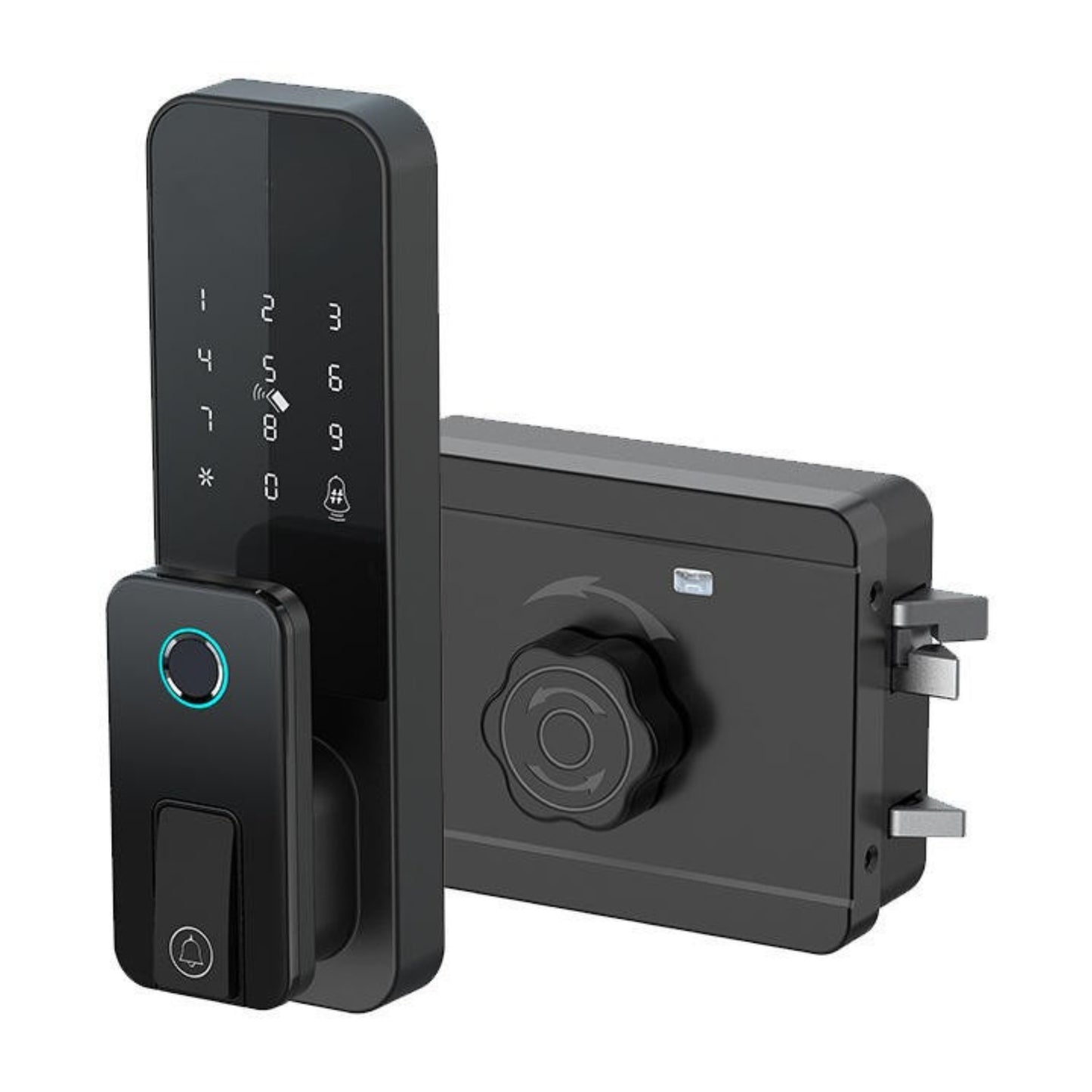 BFMT-11 Navkar Systems Smart Rim Lock Doorbell – 5-in-1 Keyless Entry Fingerprint, Password, IC Card, Key, Bluetooth, Auto-Lock, Black