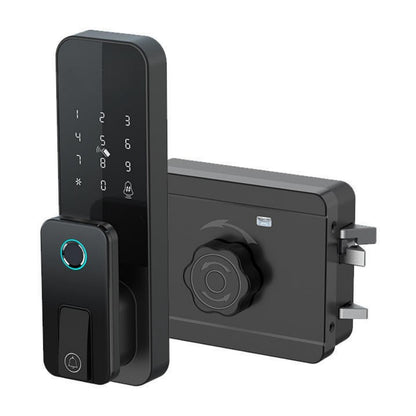 BFMT-11 Navkar Systems Smart Rim Lock Doorbell – 5-in-1 Keyless Entry Fingerprint, Password, IC Card, Key, Bluetooth, Auto-Lock, Black