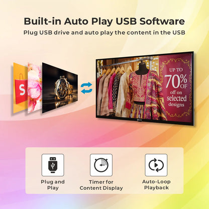 T291095-A E Series 43 Inch Wall Mount Digital Signage Display | Android 9 | 2GB RAM + 16GB ROM | HDMI Input | 350 Nits Brightness | Non-Touch | Indoor Commercial Display