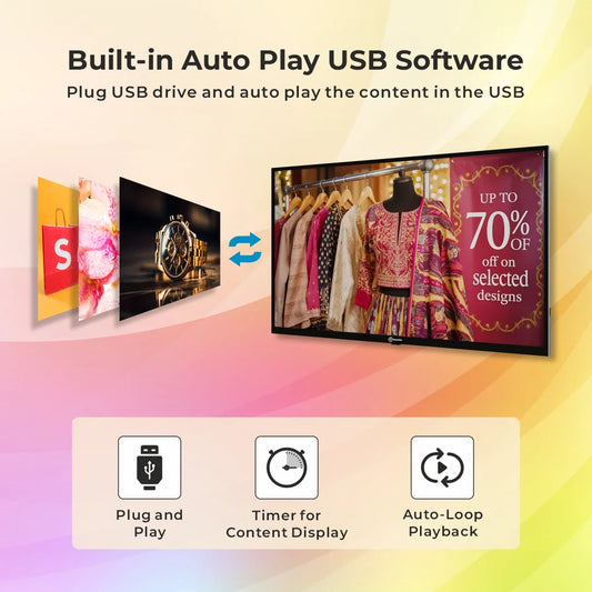 T291095-A E Series 43 Inch Wall Mount Digital Signage Display | Android 9 | 2GB RAM + 16GB ROM | HDMI Input | 350 Nits Brightness | Non-Touch | Indoor Commercial Display
