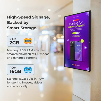 T291094-A E Series 32 Inch Wall Mount Digital Signage Display | Android 9 | 2GB RAM + 16GB ROM | HDMI Input | 350 Nits Brightness | Non-Touch | Indoor Commercial Display