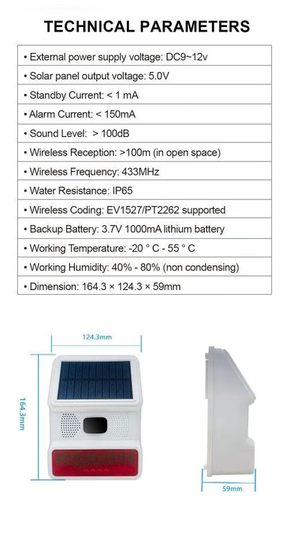 Navkar Systems Wireless Solar Alarm Siren, 433MHz Wireless Outdoor Siren, Solar Outdoor Siren with LED Flashing Light Function, Support Wireless Alarm System