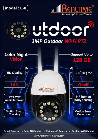 Realtime Model: C8,  3 mp Outdoor Wi-fi Ptz Camera