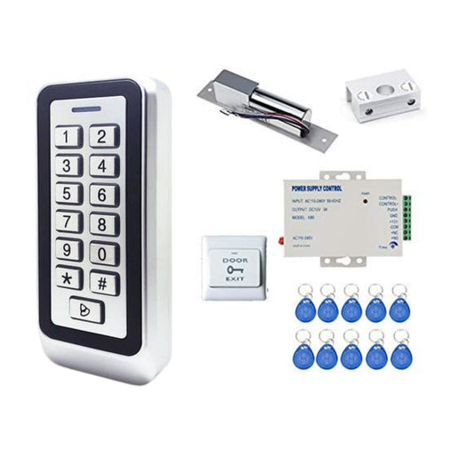 Combo-CN249 Door Entry Access Control System Weatherproof RFID Pin Access Control System, Drop Bolt Lock, Drop Bolt U Bracket for Glass Door, K80 Supply, PVC Button, Keychain Tag 10 Nos for Frameless Glass Door