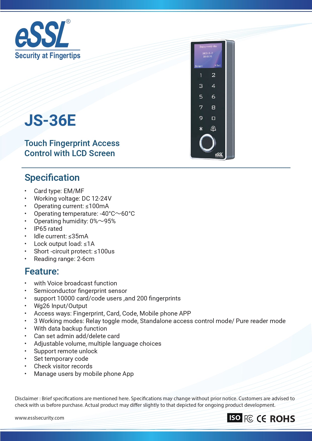 essl JS-36E Touch Fingerprint Access Control with LCD Screen