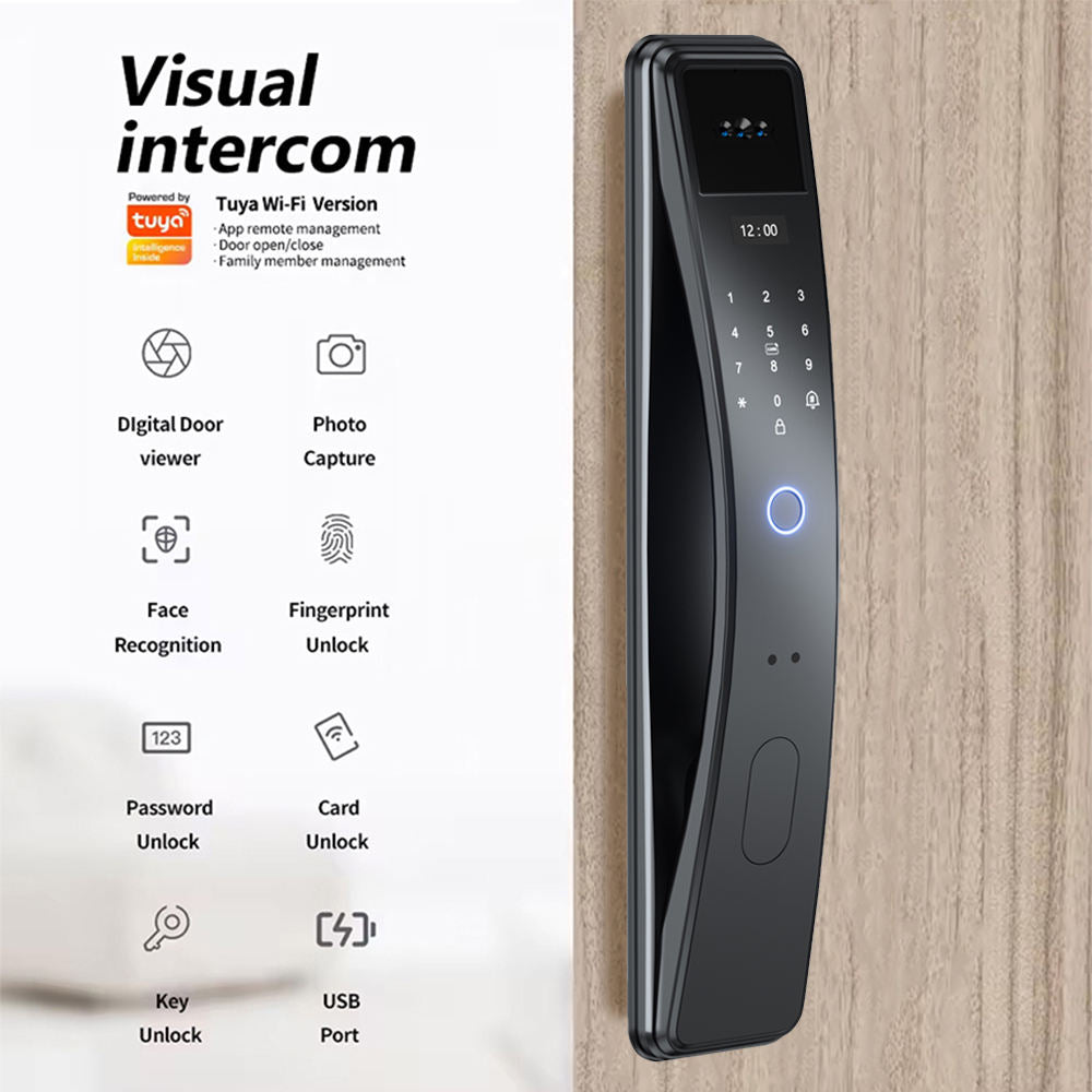 SLX-1 Face Recognition + Fingerprint + Password + Temporary Password + IC Card + Mechanical Key + Remote Unlocking + APP Grey Smart Door Lock