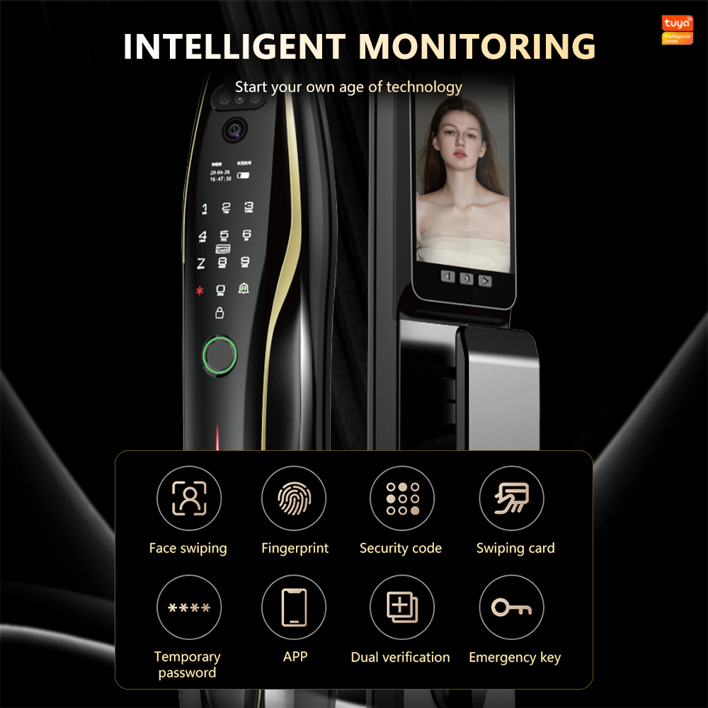 SLZ-1 Automatic Tuya Wifi Smart Door Lock Camera Key Card Cloud Data Aluminium Wood Doors Face Recognition Smart Lock
