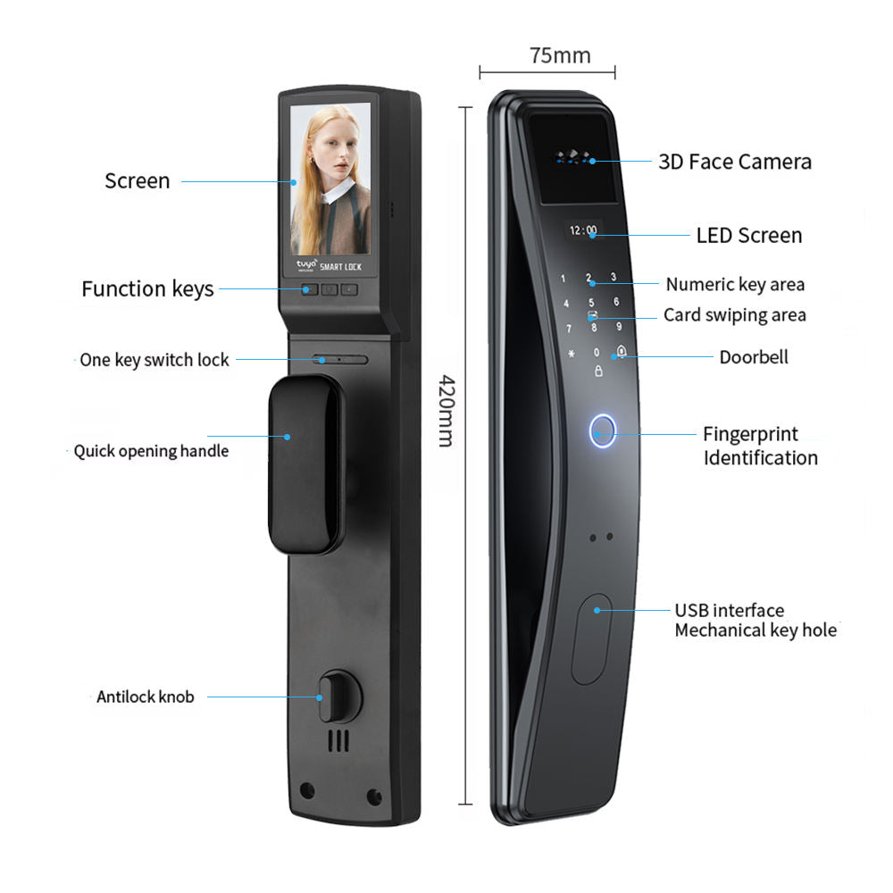 SLX-1 Face Recognition + Fingerprint + Password + Temporary Password + IC Card + Mechanical Key + Remote Unlocking + APP Grey Smart Door Lock