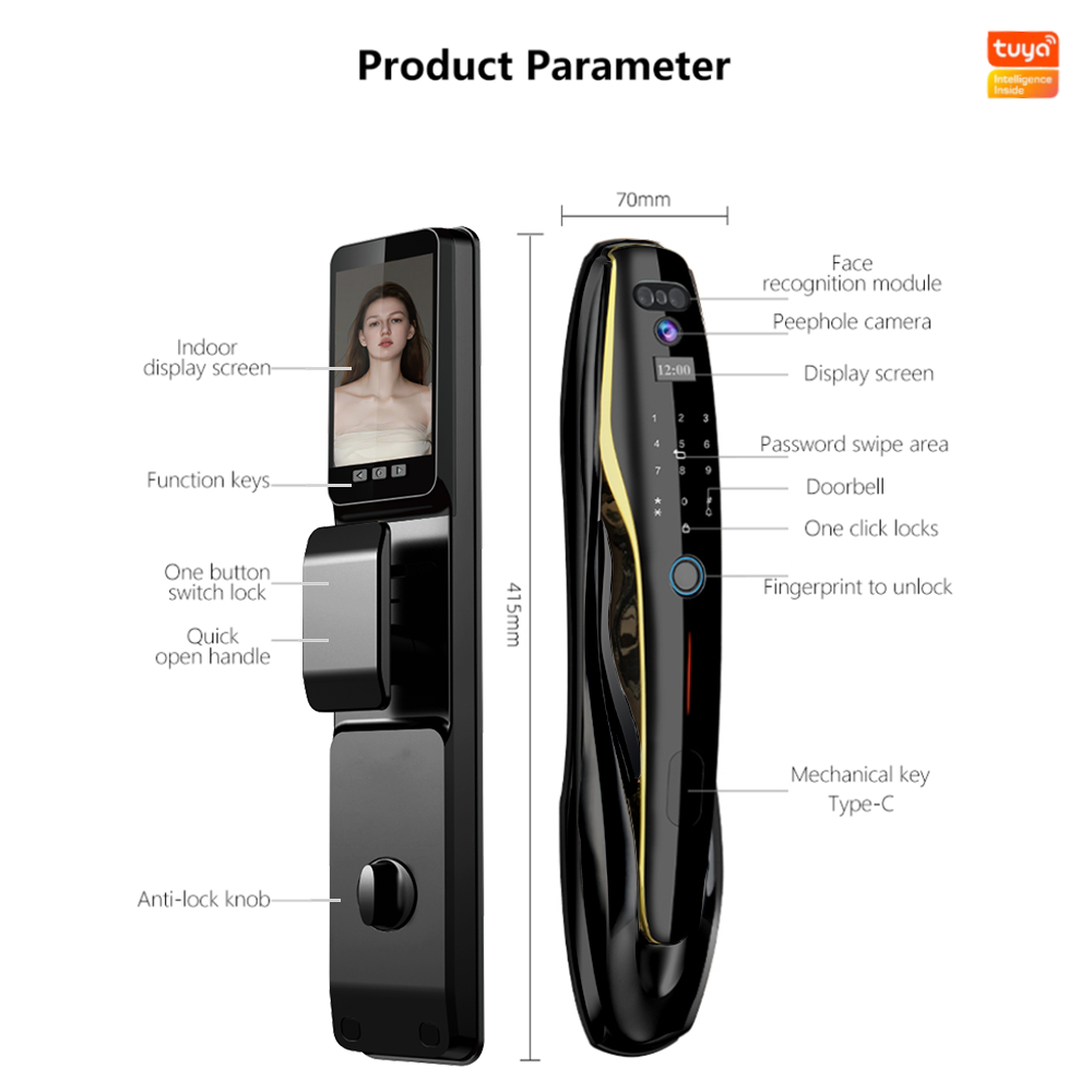 SLZ-1 Automatic Tuya Wifi Smart Door Lock Camera Key Card Cloud Data Aluminium Wood Doors Face Recognition Smart Lock