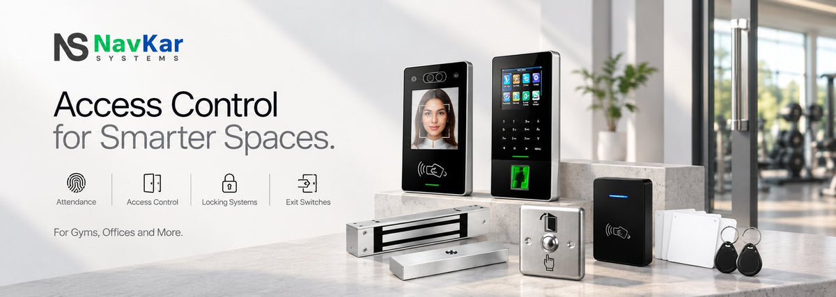 NavKar Systems access control – face and fingerprint attendance, EM locks, exit switches and RFID cards for gyms and offices