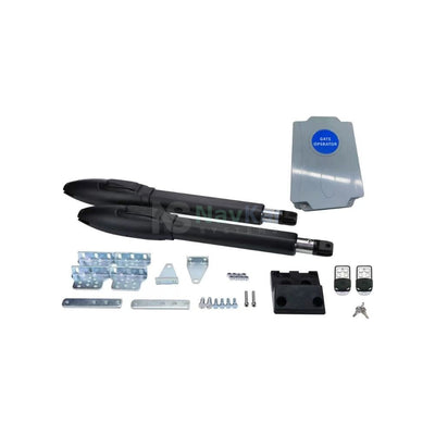 NavKar ARM-3K swing gate kit with two original black actuators, control box, mounting fittings, two remotes and release keys on white