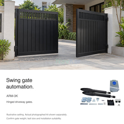 ARM-3K swing gate automation use case for a hinged residential driveway gate; illustrative setting with actual photographed kit shown separately