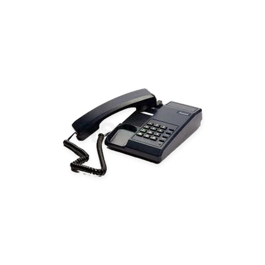 Beetel C11 black corded landline phone with coiled handset cord, angled side view