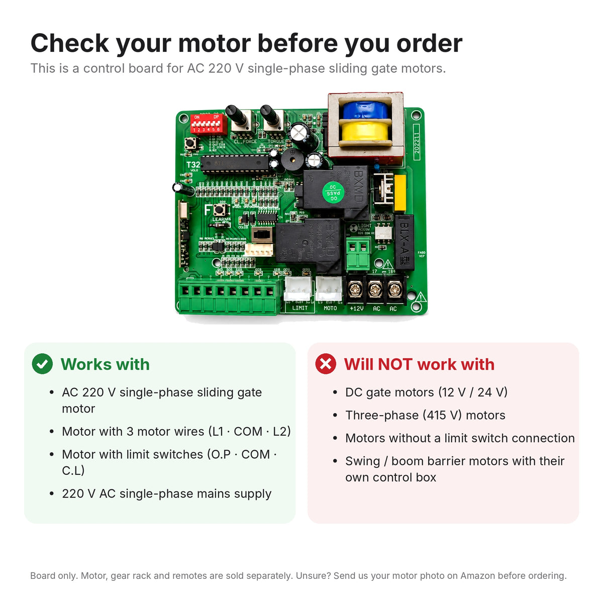 Combo-CN87 CB-SGM Control Board AC Sliding Gate Motor with 2 remotes