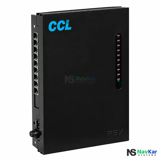CCL 108 SG EPABX telephone exchange with extension ports, angled front view