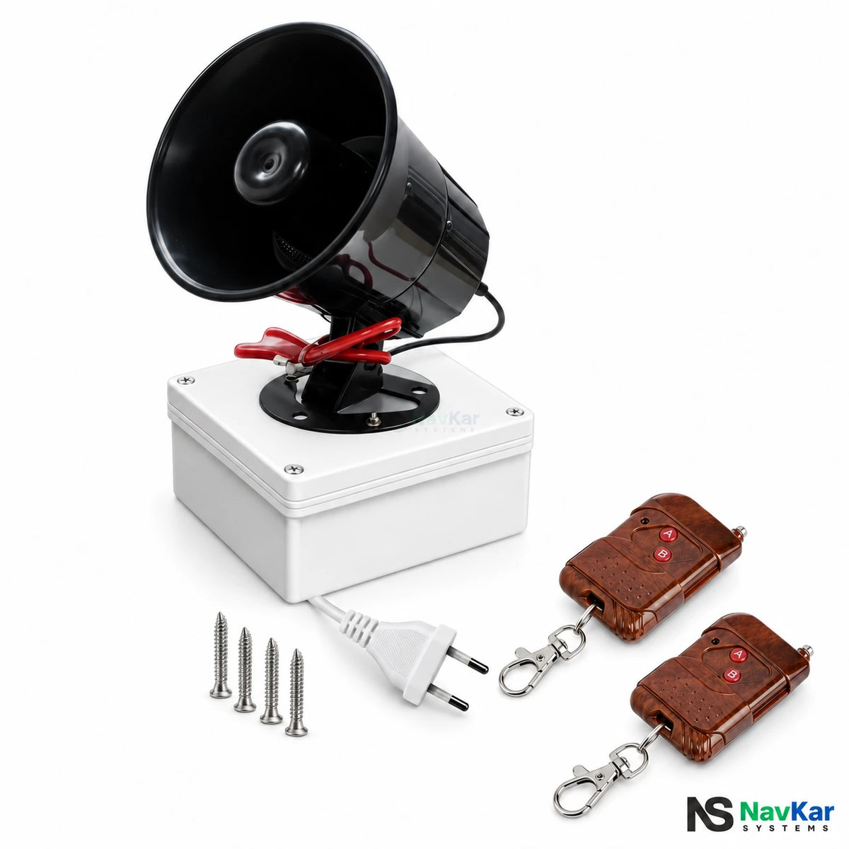 NavKar Combo-CN148 black siren on white receiver enclosure with two remotes, mains plug and mounting screws