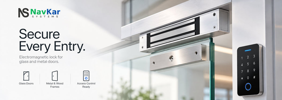 NavKar Systems electromagnetic EM lock for glass and metal doors with access control keypad