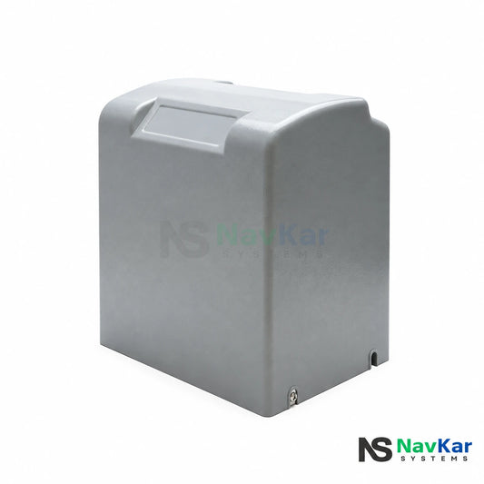NavKar grey replacement plastic cover for sliding gate motor, angled front view