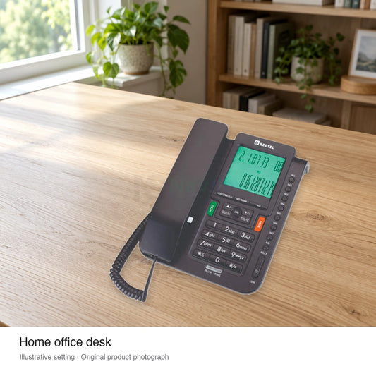 Beetel M71 phone in an illustrative home office desk setting, using the original product photograph