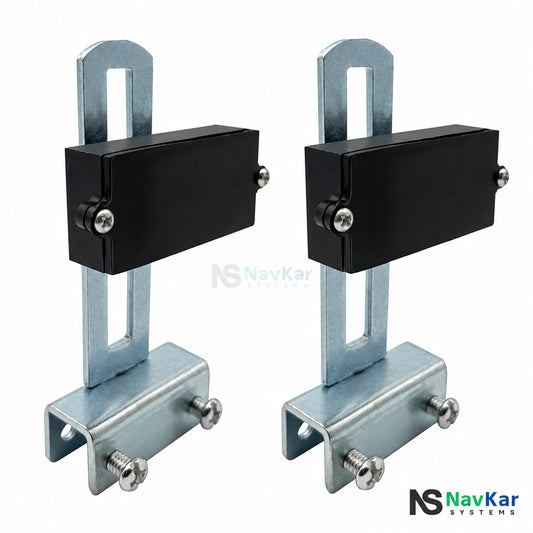 NavKar magnetic limit switch pair with slotted steel mounting brackets for sliding gate opener