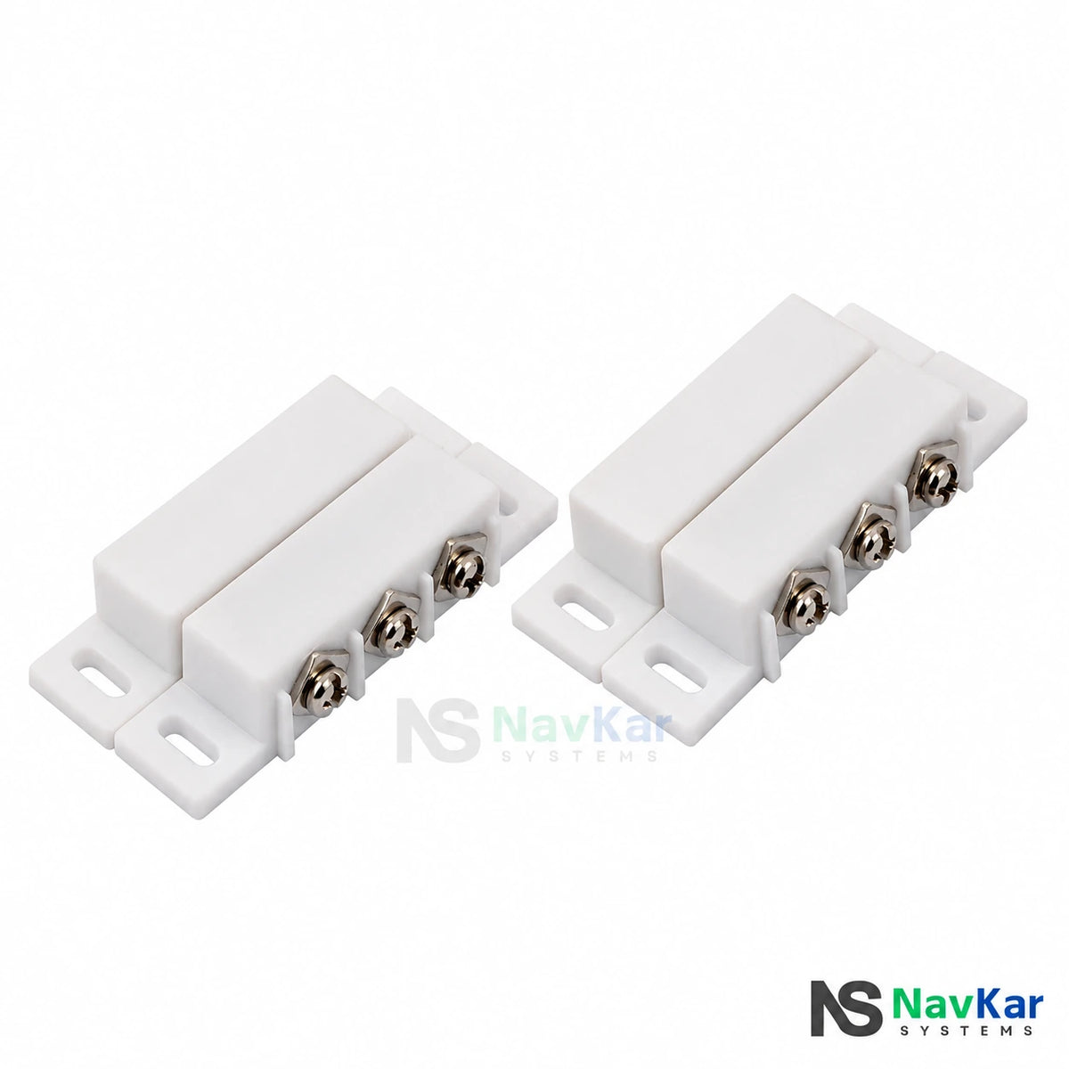 NavKar MC-3T white magnetic contact assemblies showing three screw terminals and mounting slots