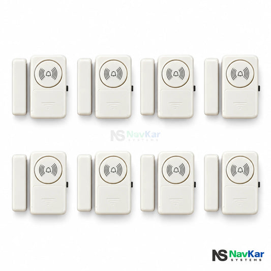 Eight NavKar MC-AL wireless door alarms and eight matching magnetic contacts on white