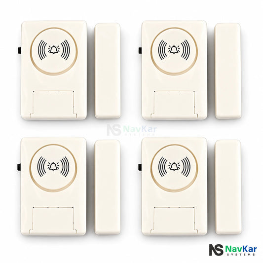 Four NavKar MC-AL cream wireless door alarms with four matching magnets