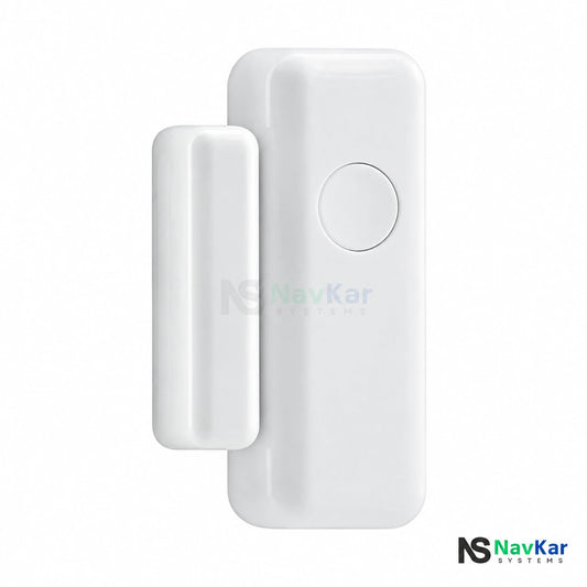 NavKar MCB-43 wireless door sensor with front button and matching magnetic contact
