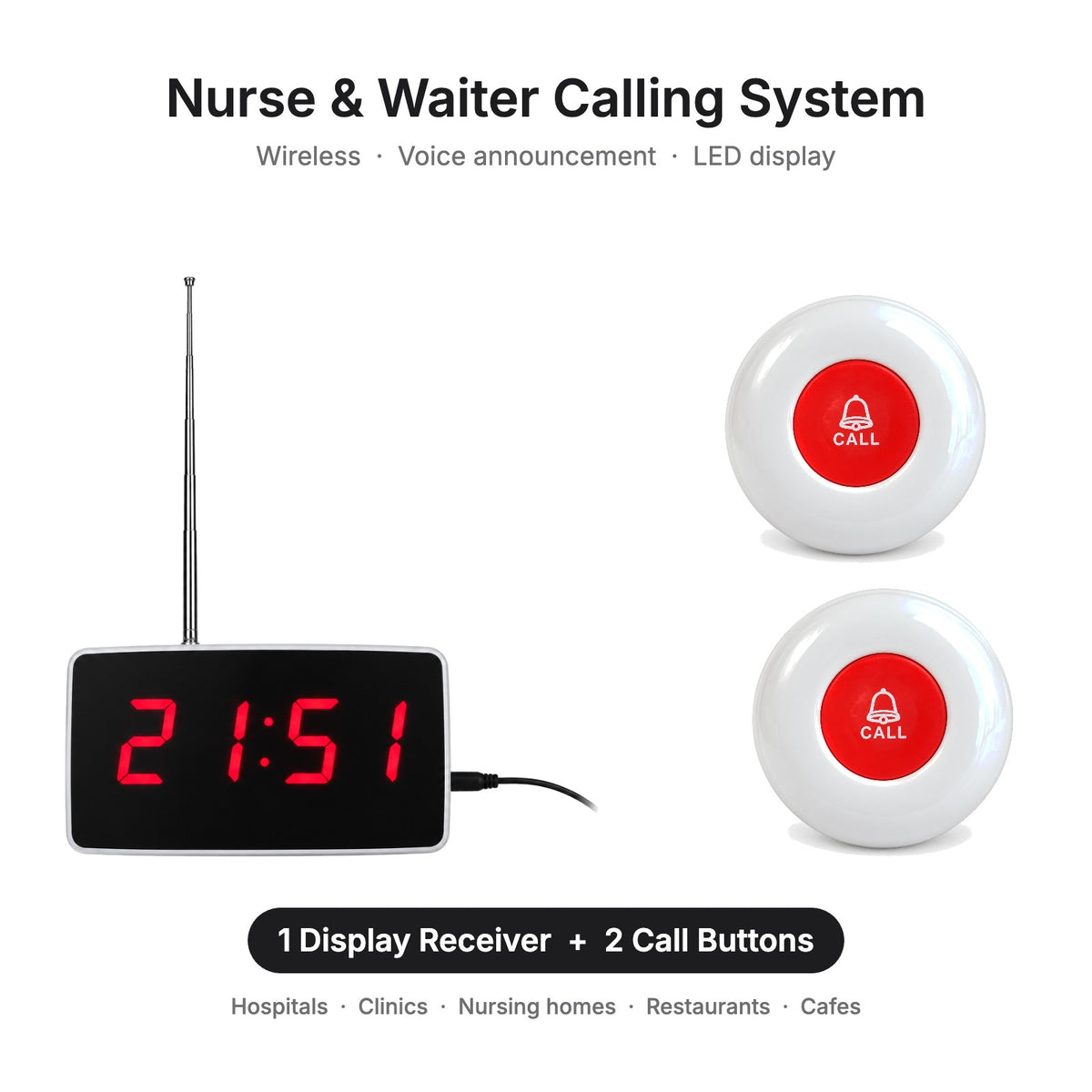 Wireless Nurse Calling & Waiter Calling System with LED Display Receiver, Voice Announcement & Call Buttons