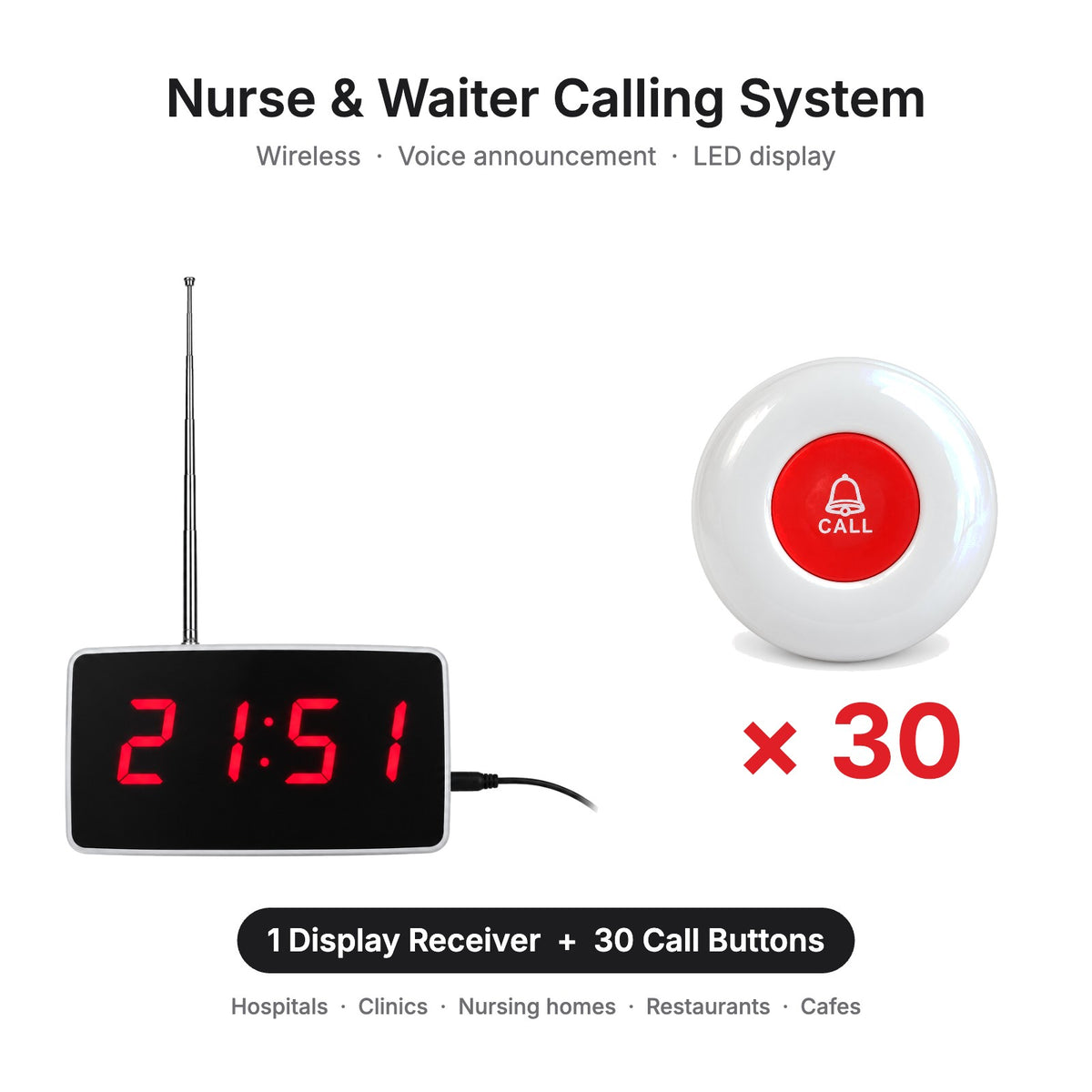Wireless Nurse Calling & Waiter Calling System with LED Display Receiver, Voice Announcement & Call Buttons