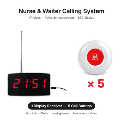 Wireless Nurse Calling & Waiter Calling System with LED Display Receiver, Voice Announcement & Call Buttons