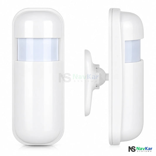 NavKar PIMS-43 wireless PIR sensor shown in front and side views with mounting bracket