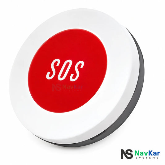 NavKar PS-43 red SOS panic button with white circular housing, angled front view