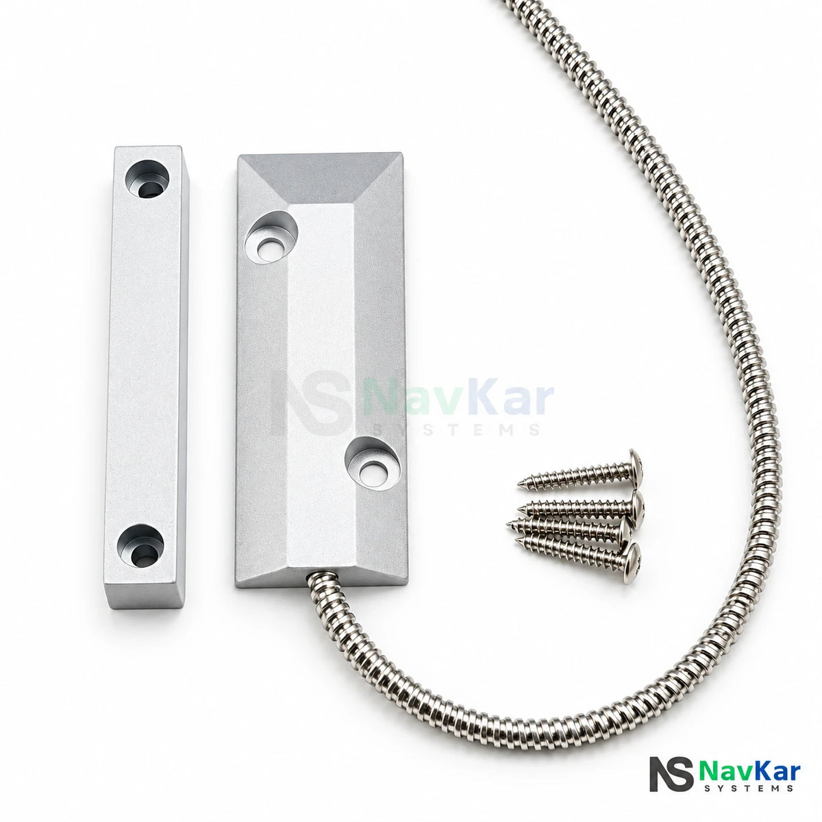 NavKar SH-WD wired metal shutter contact and magnet with armoured lead and four screws