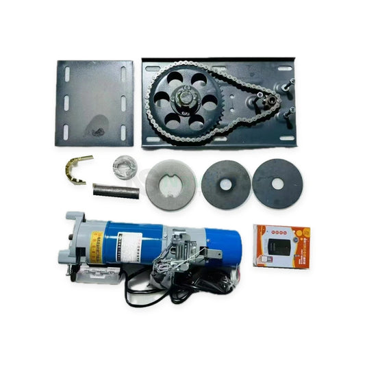 NavKar SHM-3K rolling shutter motor kit with original blue motor, chain-drive mounting assembly, loose fittings and controller packaging on white
