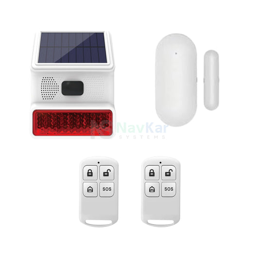 NavKar SRSOL-43 solar siren kit with one MCOC-43 door sensor and magnet plus two remotes, original product photographs on white