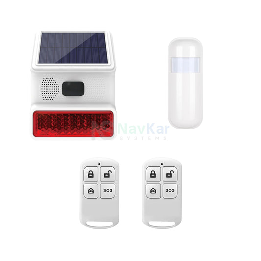 NavKar SRSOL-43 solar siren kit with one PIMS-43 PIR motion sensor and two remotes, original solar-panel grid and hardware preserved