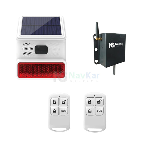 NavKar SRSOL-43 solar alarm siren kit with original PLG-43 plunger shutter sensor and two remotes on white, solar panel and sensor hardware preserved