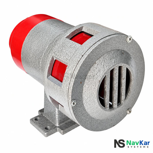 NavKar SR-15k industrial metal motor siren with red rotor and mounting foot