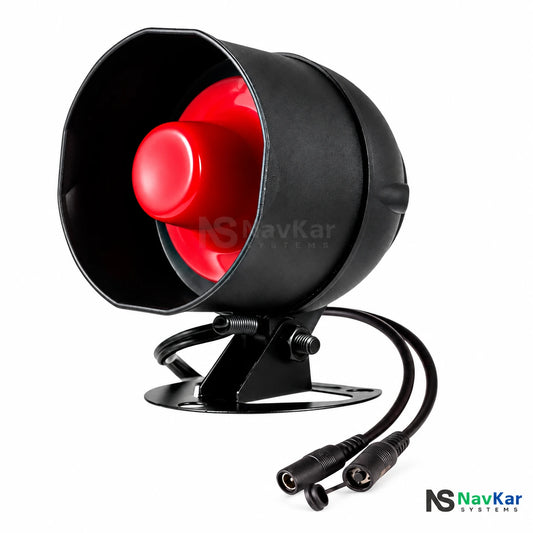 NavKar SRN-TY black and red WiFi alarm siren with mounting bracket and cable connectors