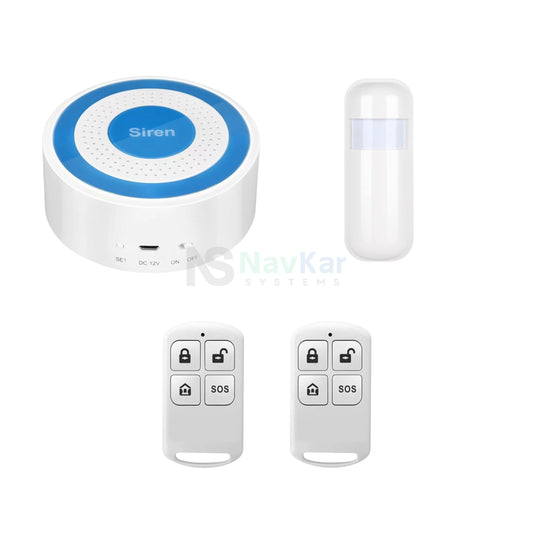 NavKar 433MHz wireless strobe siren kit with one PIMS-43 PIR motion sensor and two remote controls, original product photographs on white