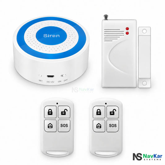 NavKar white and blue strobe siren kit with MCT-43 magnetic door sensor and two remotes