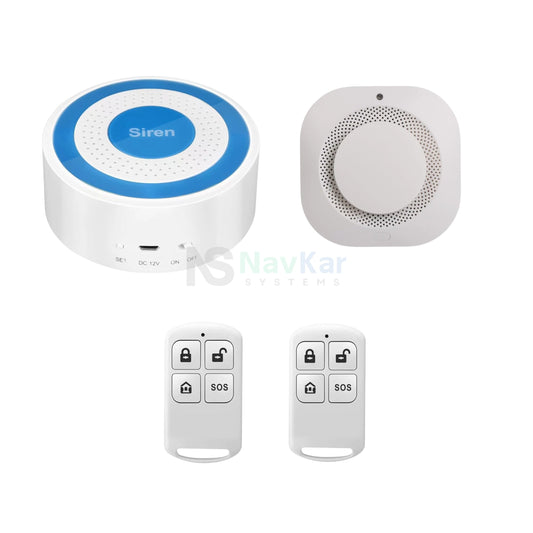 NavKar wireless strobe siren kit with one SMK-43 smoke detector and two mini remote controls, original product photographs on white
