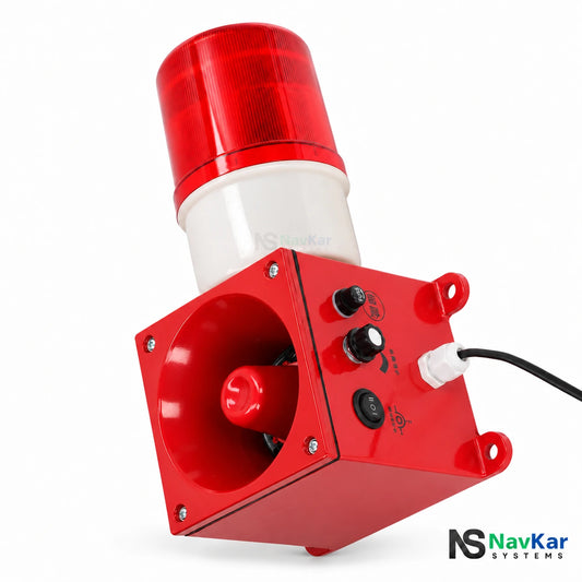 NavKar TBJ-150 red industrial horn alarm with warning beacon, controls and mounting tabs