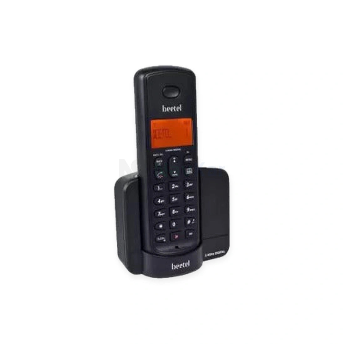 Beetel X90 cordless phone seated in charging base, angled front view