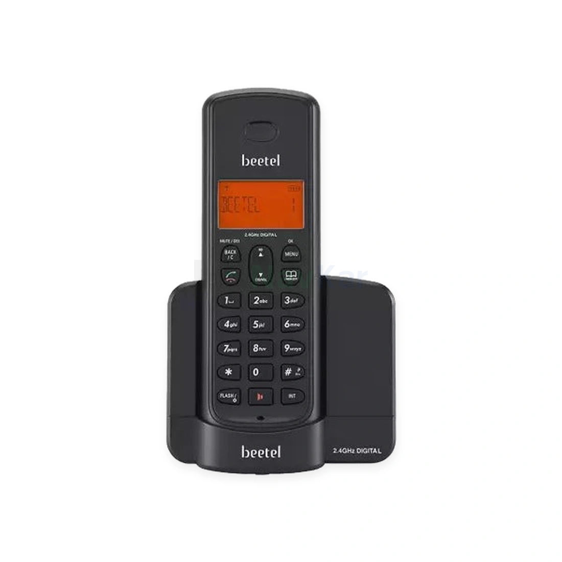 Beetel X90 cordless phone and charging base, straight front view