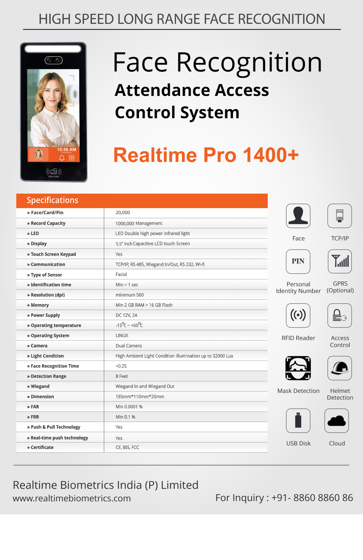 Realtime Pro 1400+ Face Recognition Attendance Access Control System