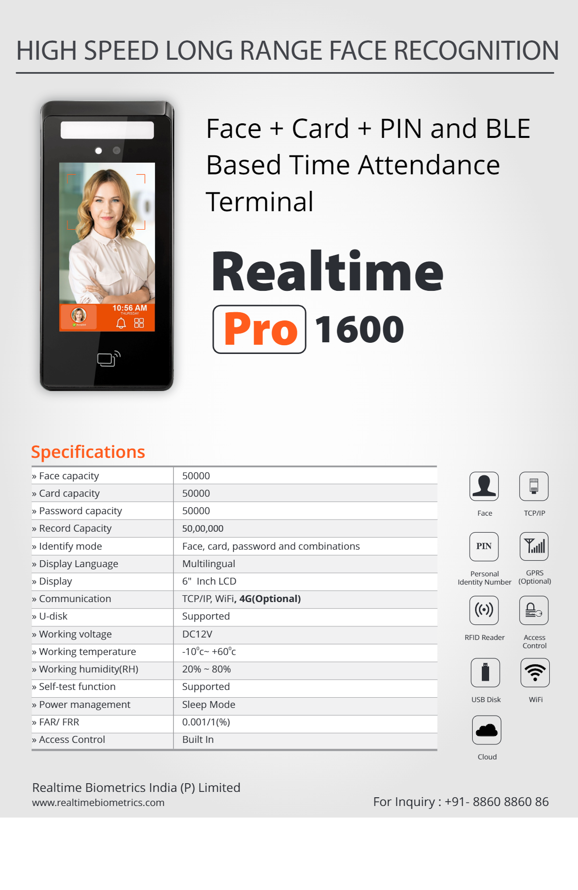 Realtime Pro 1600 Face + Card + PIN and BLE Based Time Attendance Terminal