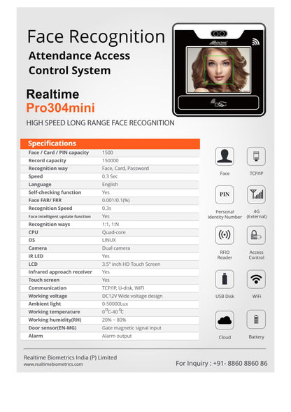 Realtime Pro304mini AI Face Recognition Attendance Access Control System