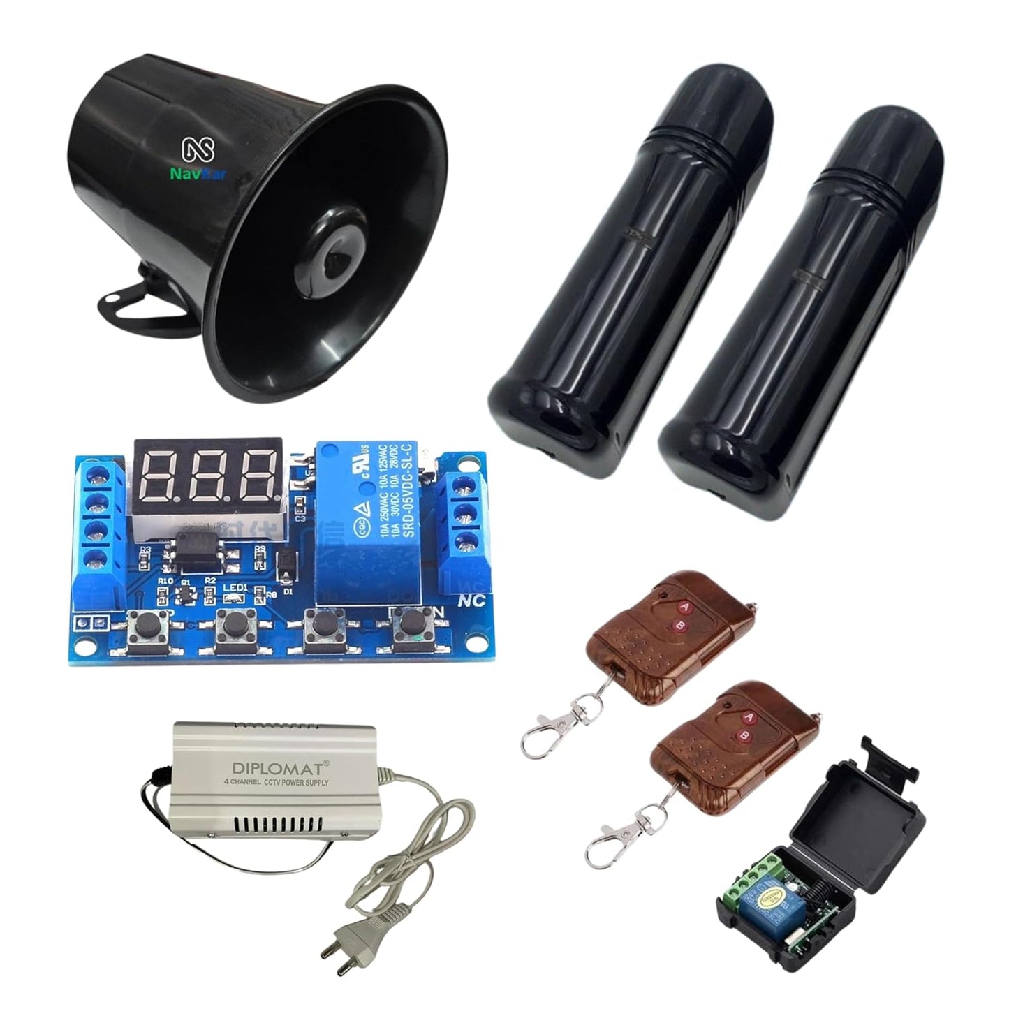 Combo-CN226 Quad Beam Sensor 250 Meter with Timer PCB, 12V Black Siren, Remote Receiver with 2 remotes and 12v 5 amp Power Supply (Security System Not Required)